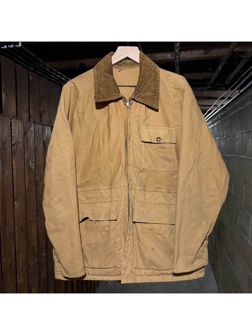 Vintage 1950s Ideal Duck Canvas Chore Jacket Corduroy Collar Talon Zip Size XL